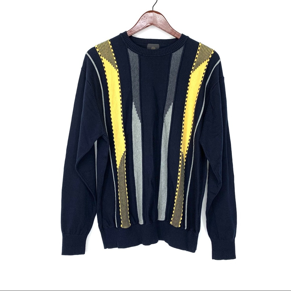 Men’s F/X Fusion Navy Blue Preppy Sweater With Yellow Gray Abstract Print Sz Lg